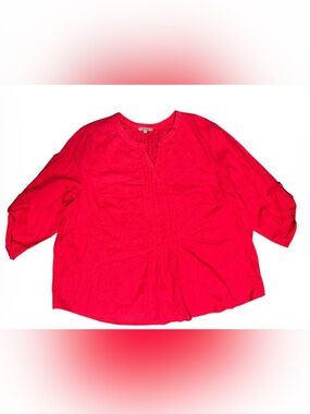 Soirée Bright Pink Women's Linen Rolled Sleeve Pleat Front Blouse Sz 2X